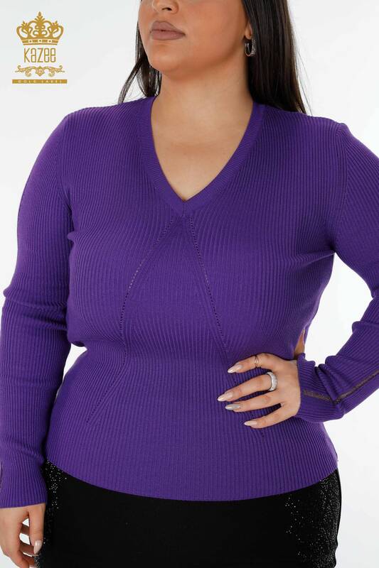 Wholesale Women's Knitwear Sweater V Neck Purple - 16249 | KAZEE