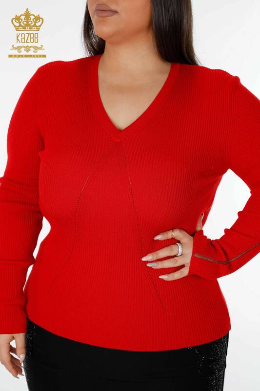 Wholesale Women's Knitwear Sweater V Neck Red - 16249 | KAZEE