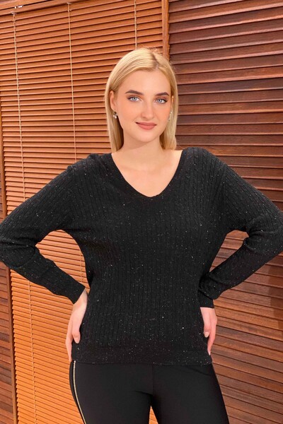 Wholesale Women's Knitwear Sweater V-neck Glitter Hair knit - 15458 | KAZEE - Thumbnail