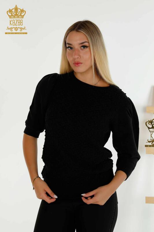 Wholesale Women's Knitwear Sweater Woven Balloon Sleeve Black - 30340 | KAZEE