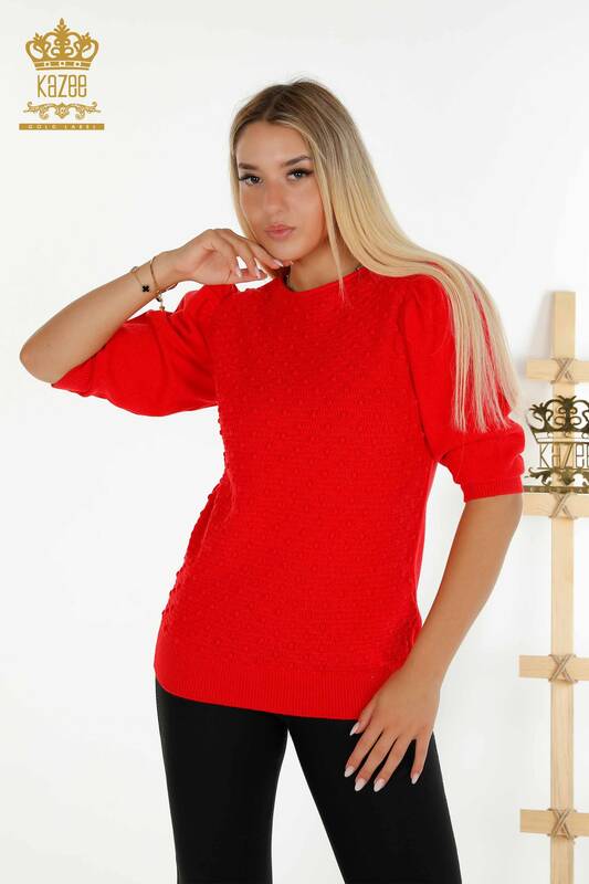 Wholesale Women's Knitwear Sweater Woven Balloon Sleeve Red - 30340 | KAZEE