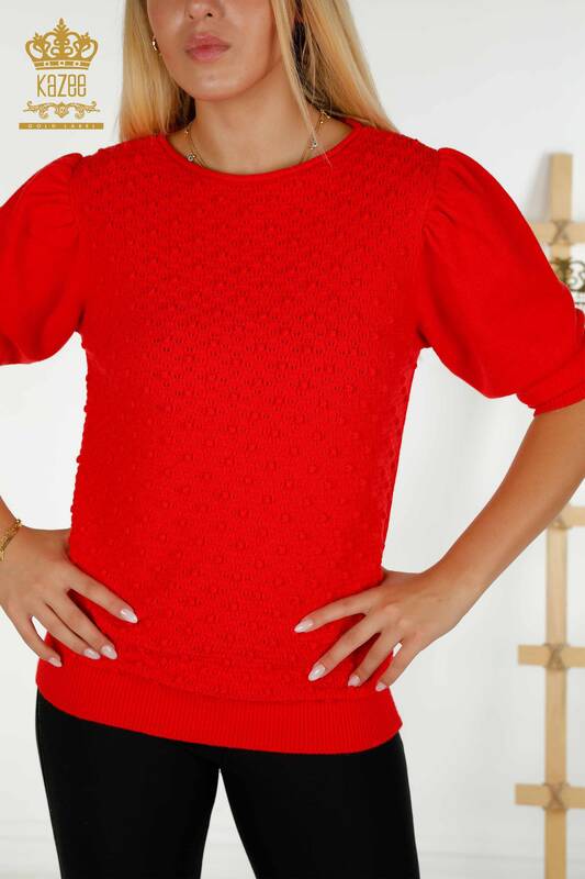 Wholesale Women's Knitwear Sweater Woven Balloon Sleeve Red - 30340 | KAZEE