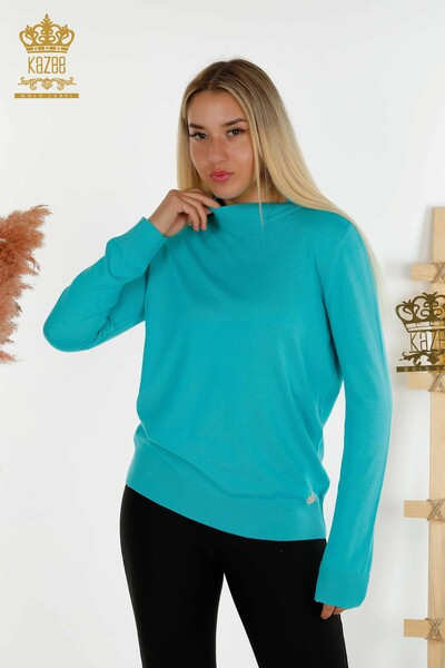 Wholesale Women's Knitwear Sweater - Stand Collar - Basic - Turquoise - 16663 | KAZEE - Thumbnail