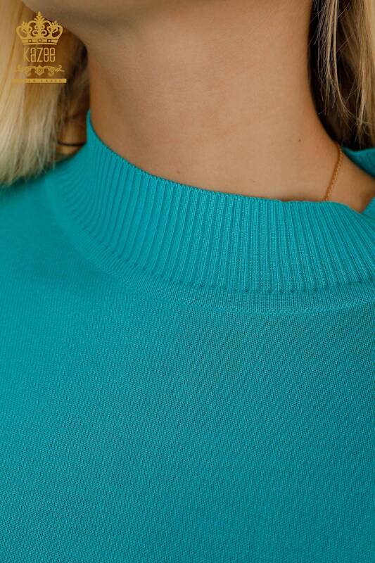 Wholesale Women's Knitwear Sweater - Stand Collar - Basic - Turquoise - 16663 | KAZEE