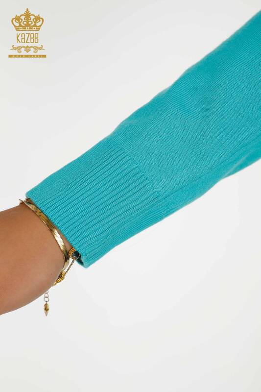 Wholesale Women's Knitwear Sweater - Stand Collar - Basic - Turquoise - 16663 | KAZEE