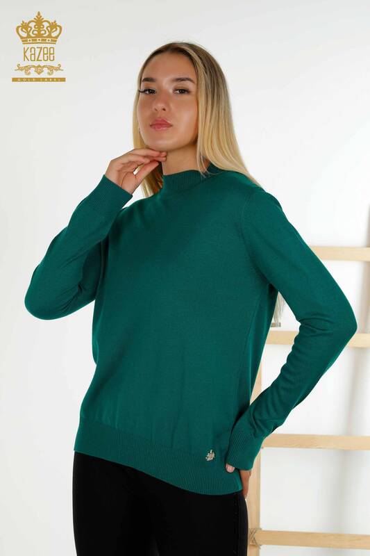 Wholesale Women's Knitwear Sweater - Stand Collar - Basic - Green - 16663 | KAZEE