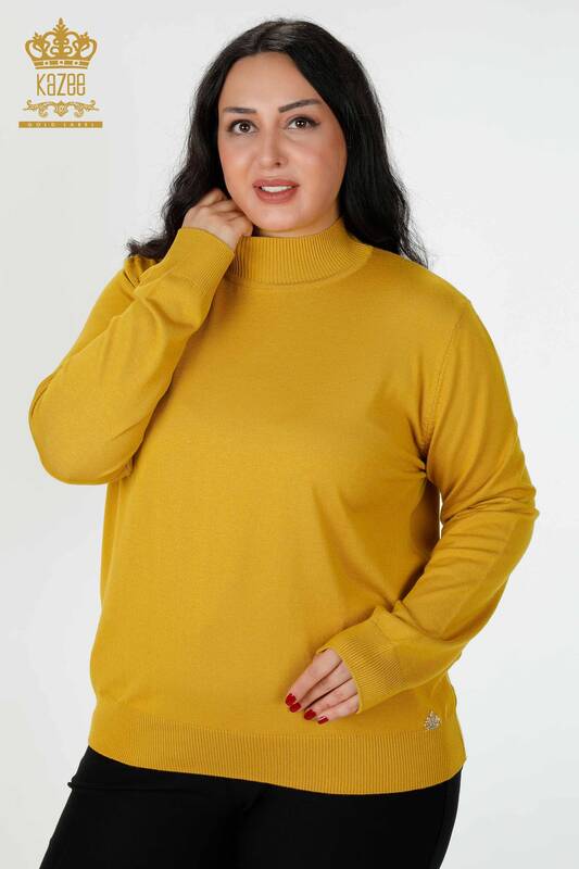 Wholesale Women's Knitwear Sweater High Collar Basic Logo Saffron - 16663 | KAZEE