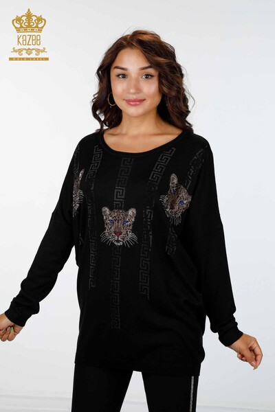 Wholesale Women's Knitwear Tiger Embroidered Patterned Viscose Viscose - 16556 | KAZEE - Thumbnail