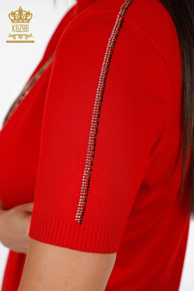 Wholesale Women's Knitwear Tiger Pattern Striped Short Sleeve Stand Collar - 16945 | KAZEE - Thumbnail