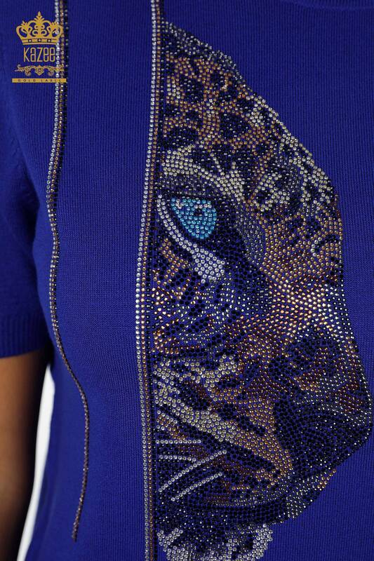 Wholesale Women's Knitwear Tiger Pattern Striped Short Sleeve Stand Collar - 16945 | KAZEE