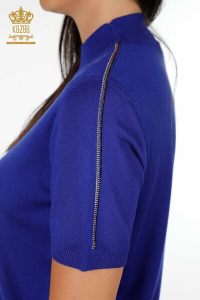 Wholesale Women's Knitwear Tiger Pattern Striped Short Sleeve Stand Collar - 16945 | KAZEE - Thumbnail