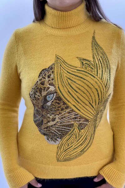 Wholesale Women's Knitwear Tiger Pattern Turtleneck Stone Angora - 18912 - Thumbnail