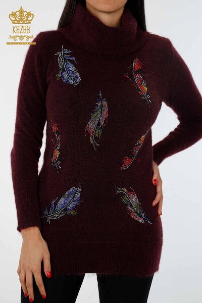 Wholesale Women's Knitwear Tunic Colored Feather Patterned Stone Embroidered - 18892 | KAZEE - Thumbnail