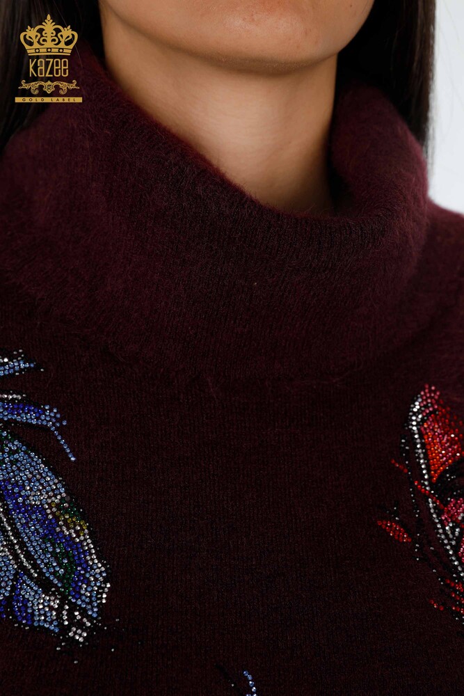 Wholesale Women's Knitwear Tunic Colored Feather Patterned Stone Embroidered - 18892 | KAZEE - 4