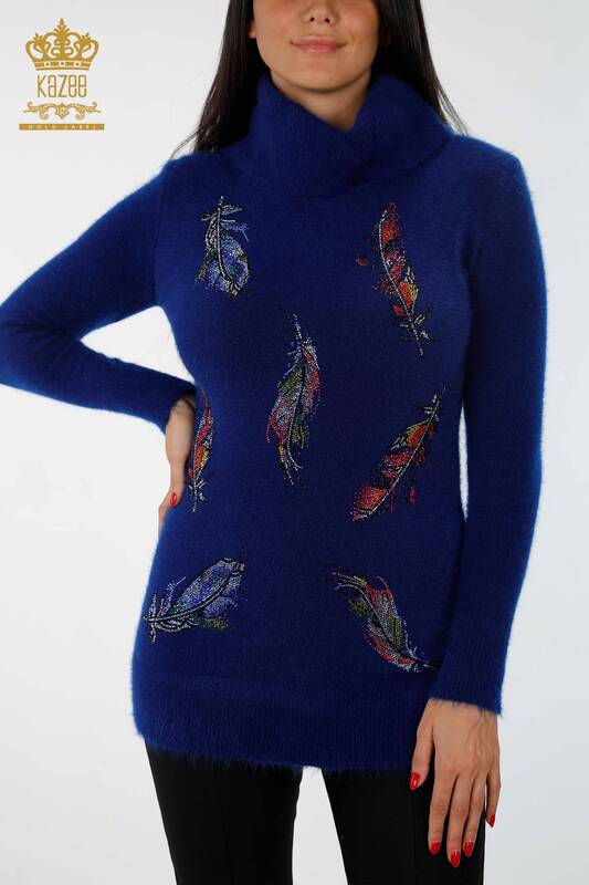Wholesale Women's Knitwear Tunic Colored Feather Patterned Stone Embroidered - 18892 | KAZEE