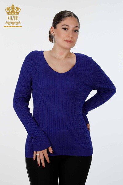 Wholesale Women's Knitwear V Neck Basic Viscose Long Sleeve - 15199 | KAZEE - Thumbnail