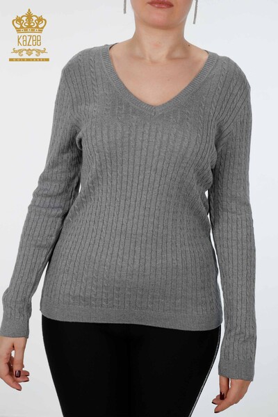 Wholesale Women's Knitwear V Neck Basic Viscose Long Sleeve - 15199 | KAZEE - Thumbnail