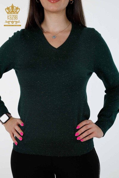 Wholesale Women's Knitwear V Neck Glittered Basic Viscose Long Sleeve - 15316 | KAZEE - Thumbnail