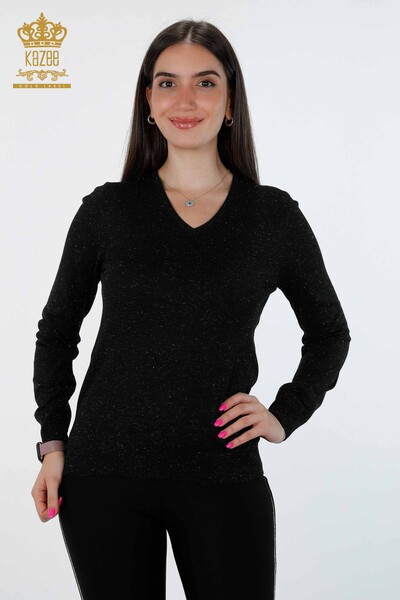 Wholesale Women's Knitwear V Neck Glittered Basic Viscose Long Sleeve - 15316 | KAZEE - Thumbnail
