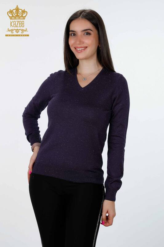 Wholesale Women's Knitwear V Neck Glittered Basic Viscose Long Sleeve - 15316 | KAZEE