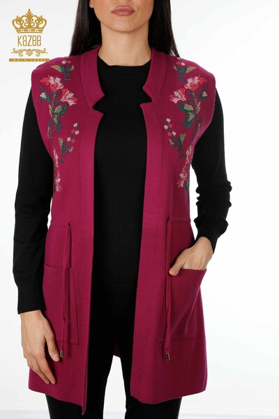 Wholesale Women's Knitwear Vest Colored Floral Embroidered Long Pockets - 16844 | KAZEE - Thumbnail