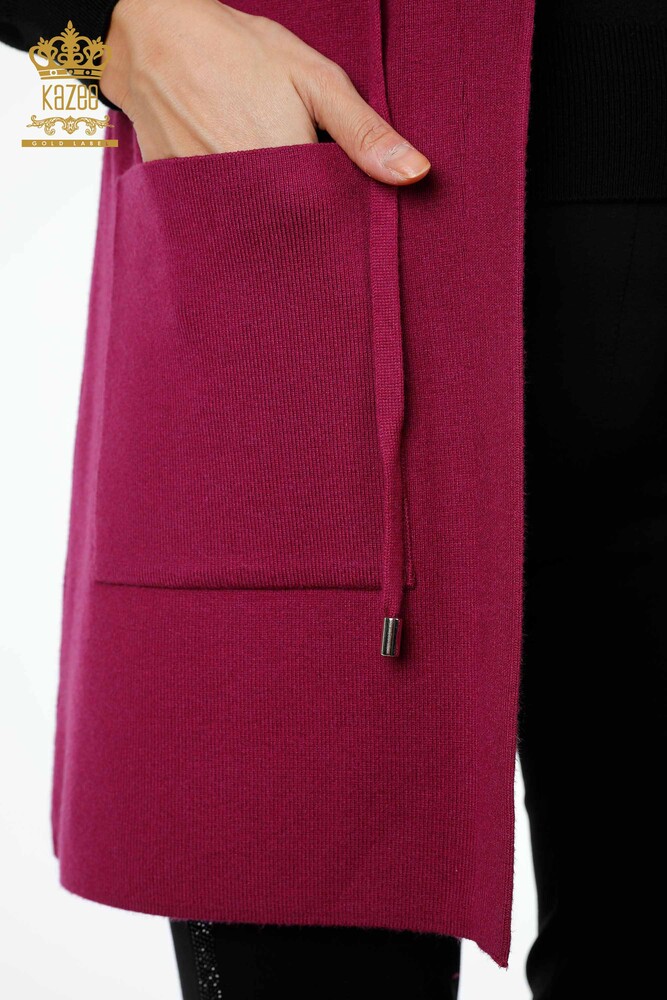 Wholesale Women's Knitwear Vest Colored Floral Embroidered Long Pockets - 16844 | KAZEE - 4