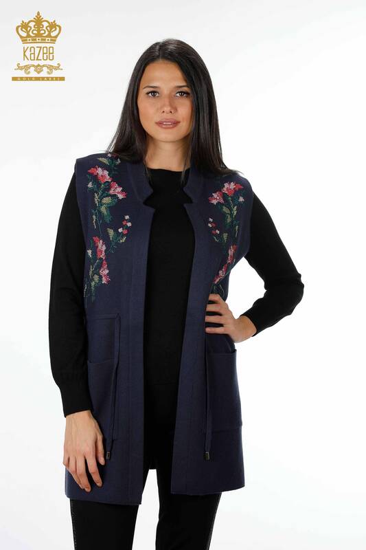 Wholesale Women's Knitwear Vest Colored Floral Embroidered Long Pockets - 16844 | KAZEE