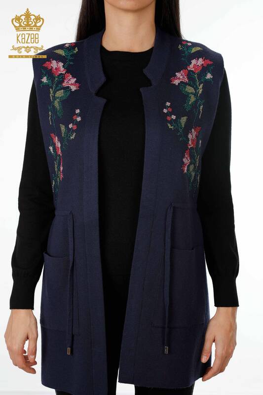 Wholesale Women's Knitwear Vest Colored Floral Embroidered Long Pockets - 16844 | KAZEE