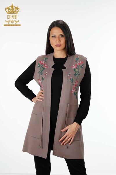 Wholesale Women's Knitwear Vest Colored Floral Embroidered Long Pockets - 16844 | KAZEE - 16