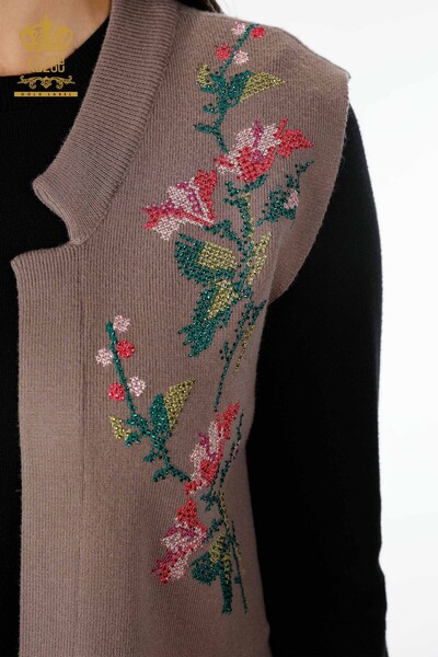 Wholesale Women's Knitwear Vest Colored Floral Embroidered Long Pockets - 16844 | KAZEE - Thumbnail