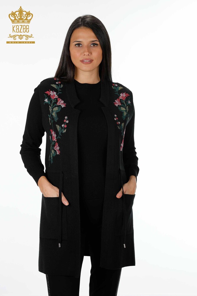Wholesale Women's Knitwear Vest Colored Floral Embroidered Long Pockets - 16844 | KAZEE - 24