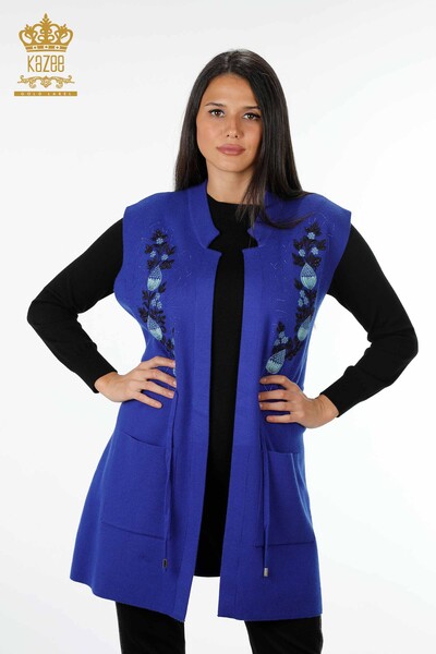 Wholesale Women's Knitwear Vest Floral Pattern Long Stone Embroidered - 16809 | KAZEE - 1