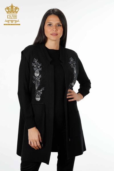 Wholesale Women's Knitwear Vest Floral Pattern Long Stone Embroidered - 16809 | KAZEE - 7