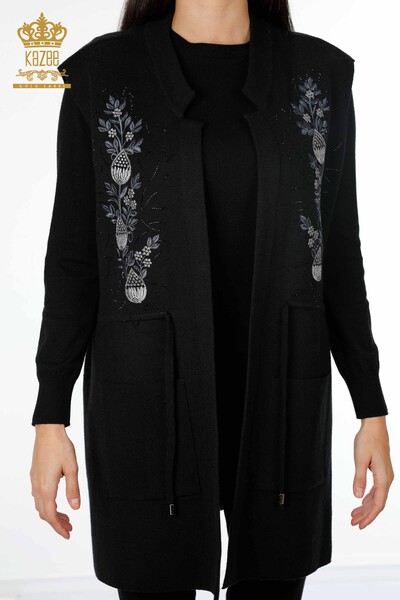 Wholesale Women's Knitwear Vest Floral Pattern Long Stone Embroidered - 16809 | KAZEE - 8