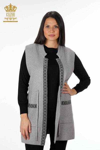 Wholesale Women's Knitwear Vest Long Pocket Detailed Stone Embroidered - 16805 | KAZEE - Kazee
