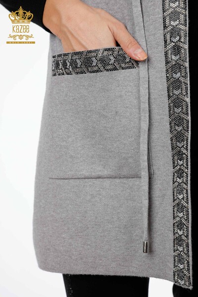 Wholesale Women's Knitwear Vest Long Pocket Detailed Stone Embroidered - 16805 | KAZEE - Thumbnail
