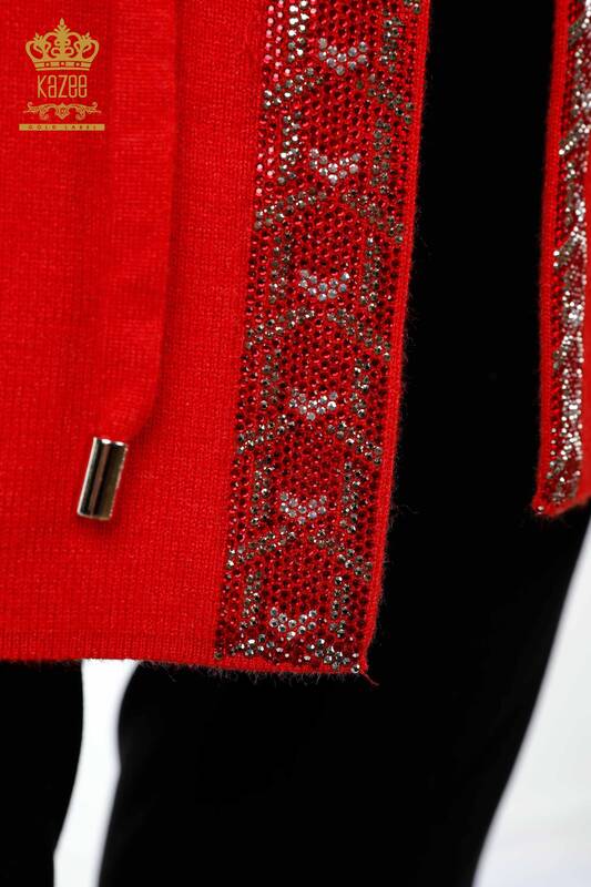 Wholesale Women's Knitwear Vest Long Pocket Detailed Stone Embroidered - 16805 | KAZEE