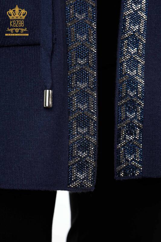 Wholesale Women's Knitwear Vest Long Pocket Detailed Stone Embroidered - 16805 | KAZEE