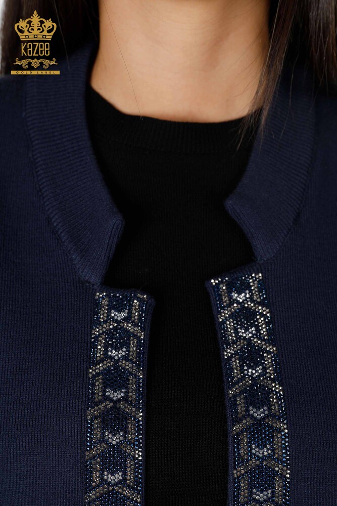 Wholesale Women's Knitwear Vest Long Pocket Detailed Stone Embroidered - 16805 | KAZEE - 25