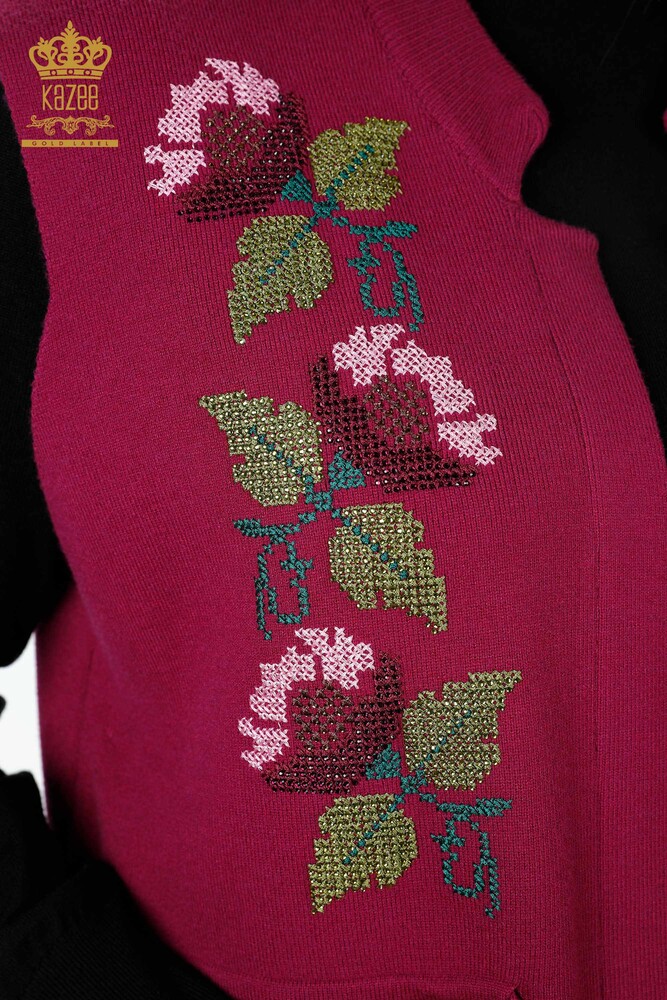 Wholesale Women's Knitwear Vest Pocket Detailed Colorful Flower Embroidered - 16812 | KAZEE - 3