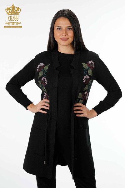 Wholesale Women's Knitwear Vest Pocket Detailed Colorful Flower Embroidered - 16812 | KAZEE - Thumbnail
