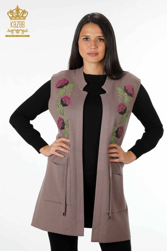 Wholesale Women's Knitwear Vest Pocket Detailed Colorful Flower Embroidered - 16812 | KAZEE