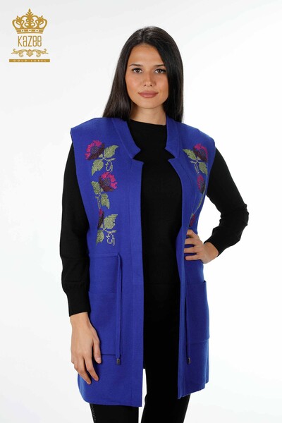 Wholesale Women's Knitwear Vest Pocket Detailed Colorful Flower Embroidered - 16812 | KAZEE - Thumbnail