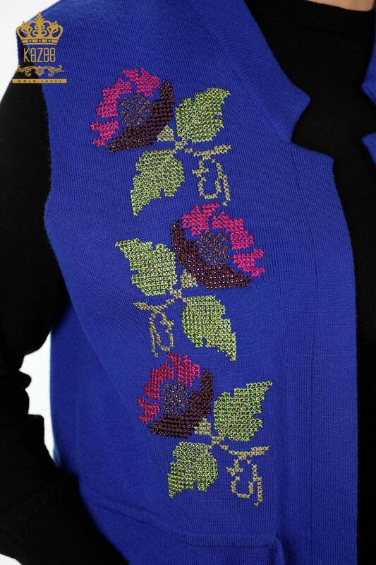 Wholesale Women's Knitwear Vest Pocket Detailed Colorful Flower Embroidered - 16812 | KAZEE