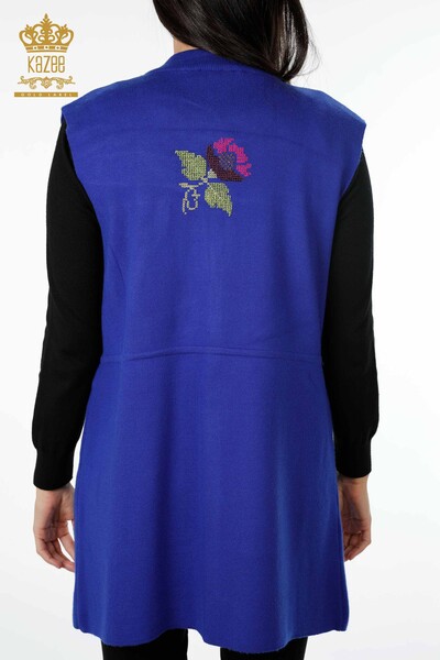 Wholesale Women's Knitwear Vest Pocket Detailed Colorful Flower Embroidered - 16812 | KAZEE - 27