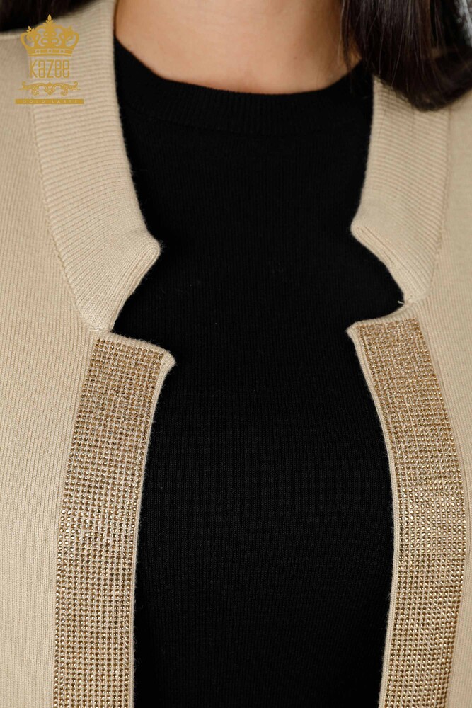 Wholesale Women's Knitwear Vest Pocket Lettering Stone Embroidered Edge Stripe - 16829 | KAZEE - 5