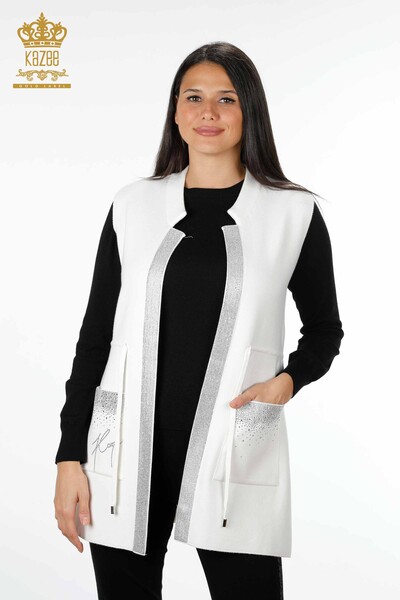 Wholesale Women's Knitwear Vest Pocket Lettering Stone Embroidered Edge Stripe - 16829 | KAZEE - 13
