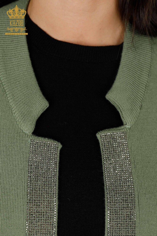 Wholesale Women's Knitwear Vest Pocket Lettering Stone Embroidered Edge Stripe - 16829 | KAZEE - 30