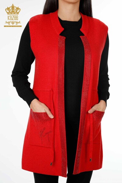 Wholesale Women's Knitwear Vest Pocket Lettering Stone Embroidered Edge Stripe - 16829 | KAZEE - Thumbnail