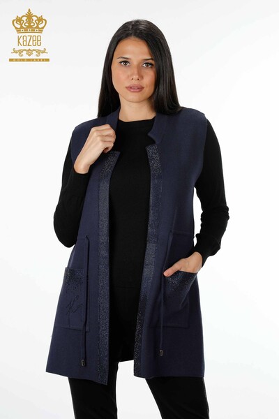 Wholesale Women's Knitwear Vest Pocket Lettering Stone Embroidered Edge Stripe - 16829 | KAZEE - 39